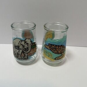 Lot 2 Vintage Welch's Jelly Jar Glasses WWF Asian Elephant Sea Turtle Endangered